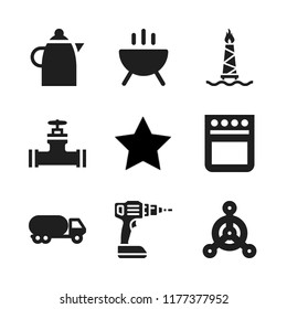 gas icon. 9 gas vector icons set. tanker, pipe valve and star icons for web and design about gas theme