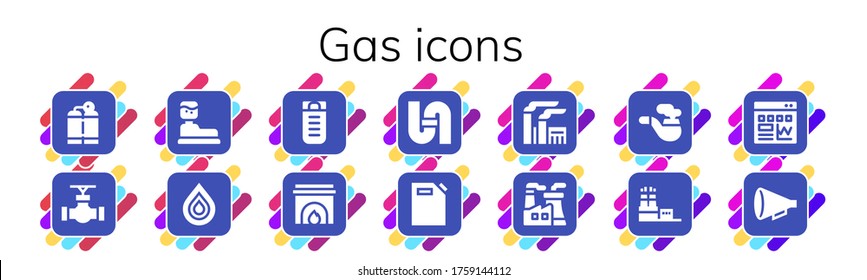 gas icon set. 14 filled gas icons.  Simple modern icons such as: Oxygen tank, Pipe, Water tank, Drop, Sleeping bag, Fireplace, Gas can, Factory, Nuclear plant, Traffic, Protest