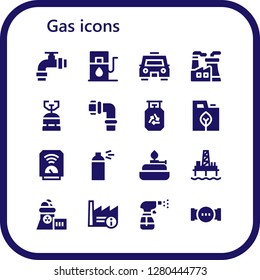  gas icon set. 16 filled gas icons. Simple modern icons about  - Pipe, Gas station, Taxi, Nuclear plant, Camping gas, Pipes, Fuel, Heater, Spray, Burner, Oil pump, Factory