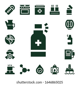 gas icon set. 17 filled gas icons.  Simple modern icons such as: Sleeping bag, Oil, Geothermal, Spray, Gas mask, Pedal, Fuel station, Cooker, Oven, Blood, Factory, Lantern, Lighter
