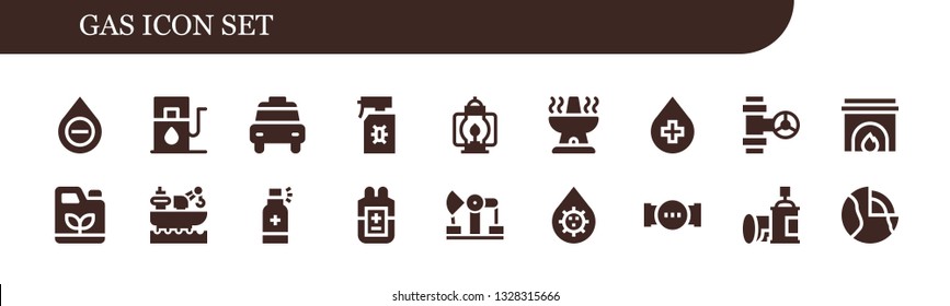 conjunto de iconos de gas. 18 iconos de gas llenos.  Iconos modernos sencillos sobre - Sangre, gasolinera, Taxi, Spray, Lantern, Horno, Pipe, Chimenea, Gasolina, Fábrica, Derrick, Geotérmica