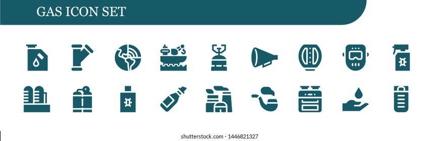 gas icon set. 18 filled gas icons.  Simple modern icons about  - Gas, Pipe, Geothermal, Factory, Camping Protest, Pedal, Welder, Spray, Oxygen tank, Oil, Nuclear plant, Oven
