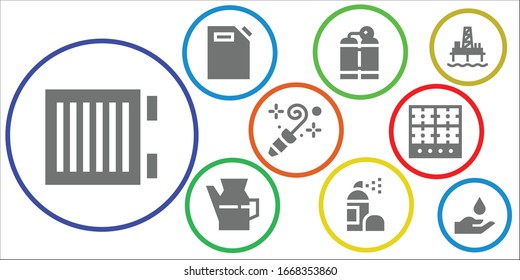 conjunto de iconos de gas. 9 iconos de gas llenos. Calentador incluido, lata de gas, tanque de oxígeno, aceite, pulverización, ventilador, quemador, bomba de aceite, iconos de sangre