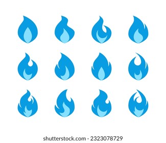 Gas icon set. Blue flame pictograms in flat style isolated on a white background.