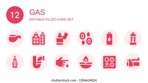 gas icon set. Collection of 12 filled gas icons included Pipe, Building, Lighter, Blood, Lantern, Oil lamp, Burner, Brake