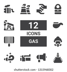 gas icon set. Collection of 12 filled gas icons included Building, Protest, Brake, Blower, Firefighter, Grill, Pipe, Factory, Sleeping bag, Oil, Exhaust pipe, Blood