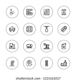 Gas icon set. collection of 16 outline gas icons with barrel, boiled, building, drop, heat, jerrycan, lantern, nuclear plant, oil pump, oxygen tank, sleeping bag, stove icons.