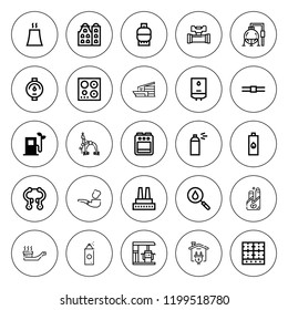 Gas icon set. collection of 25 outline gas icons with brake, building, burner, blood, eco fuel, factory, gauge, energy, lighter, nuclear plant, pipe icons. editable icons.