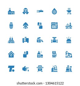 gas icon set. Collection of 25 filled gas icons included Factory, Grill, Blood, Turner, Oil, Pepper spray, Aerosol, Lighter, Hooter, Pipe, Exhaust pipe, Water tank, Buildings