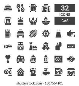 gas icon set. Collection of 32 filled gas icons included Fireplace, Gas station, Pipe, Oil lamp, Blood, Manometer, Barbecue grill, Cooker, Lantern, Taxi, Valve, Lighter, mask