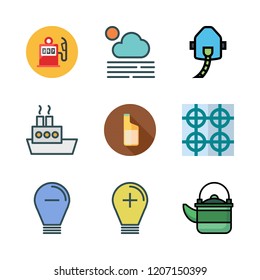 gas icon set. vector set about kettle, light bulb, oil platform and fogg icons set.