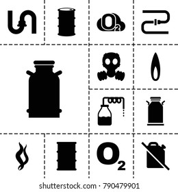 Gas icons. set of 13 editable filled gas icons such as canister, pipe, o2 oxygen, barrel, no oil, smoke, flame