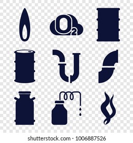 Gas icons. set of 9 editable filled gas icons such as canister, pipe, barrel, smoke, flame