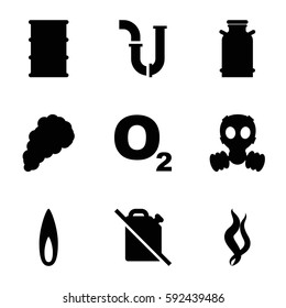 gas icons set. Set of 9 gas filled icons such as canister, pipe, barrel, smoke, flame, gas mask, no oil