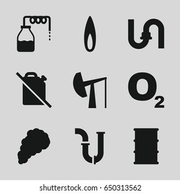 Gas icons set. set of 9 gas filled icons such as canister, pipe, barrel, smoke, flame, oil derrick, no oil