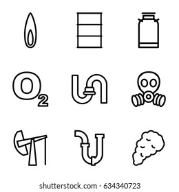 Gas icons set. set of 9 gas outline icons such as canister, pipe, barrel, smoke, flame, oil derrick, gas mask