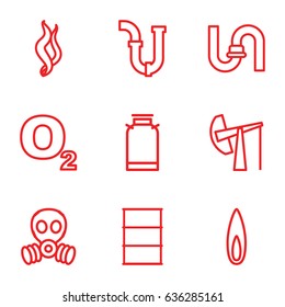 Gas icons set. set of 9 gas outline icons such as canister, pipe, barrel, smoke, flame, oil derrick, gas mask