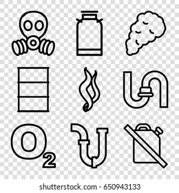 Gas icons set. set of 9 gas outline icons such as canister, pipe, barrel, smoke, gas mask, no oil