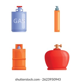 Iconos de gas fijados Vector de dibujos animados. Diferente tipo de botella de gas. Industrial de oxígeno comprimido licuado, petróleo y propano