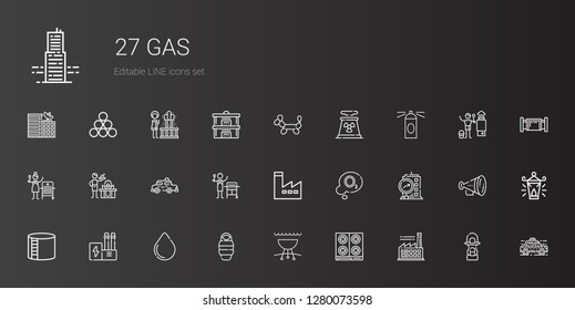 gas icons set. Collection of gas with factory, stove, grill, sleeping bag, water drop, industry, industry tank, building, ozone, taxi, hairspray. Editable and scalable gas icons.