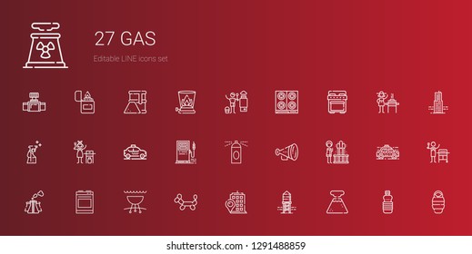 gas icons set. Collection of gas with geyser, reservoir, building, balloon modelling, grill, oven, pollution, protest, hairspray, gas station. Editable and scalable icons.
