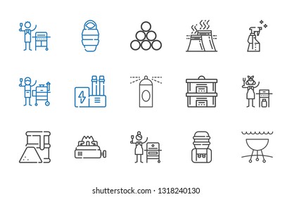 gas icons set. Collection of gas with grill, water tank, stove, fuel, steam, spray, industry, sleeping bag. Editable and scalable gas icons.