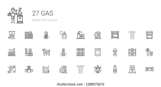 gas icons set. Collection of gas with oils, oil lamp, hairspray, building, sprayer, valve, heater, lantern, oven, stove, grill, geyser, factory. Editable and scalable gas icons.