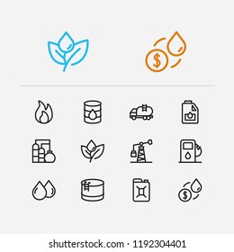 Gas icons set. Oil market and gas icons with water factory, plant and oil barrel. Set of economy for web app logo UI design.