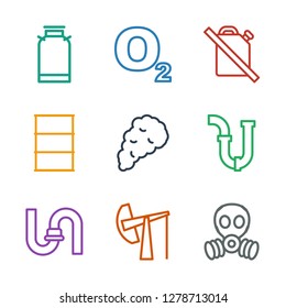 gas icons. Trendy 9 gas icons. Contain icons such as gas mask, oil derrick, pipe, smoke, barrel, no oil, O oxygen, canister. gas icon for web and mobile.