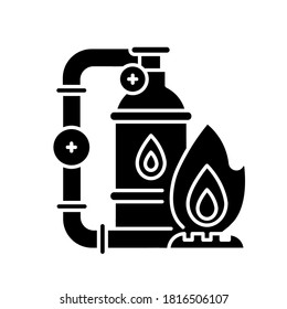 Gas industry black glyph icon. Energy business silhouette symbol on white space. Natural resources exploitation. Crude materials, fossil fuel manufacturing. Gas supply vector isolated illustration