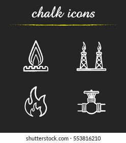 Gas industry chalk icons set. Pipeline valve, flammable sign, gas platform and burner. Isolated vector chalkboard illustrations