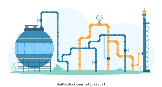 Concepto de la industria del gas con tuberías interconectadas, un tanque de almacenamiento y una pila de bengalas, que ilustra la infraestructura de producción y Ilustración vectorial de procesamiento de gas.