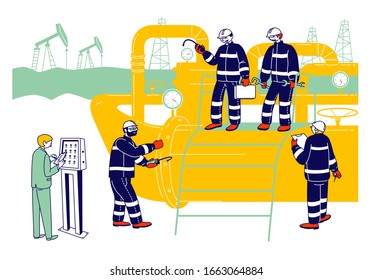 Gas Industry Concept with Male Characters Working on Pipeline. Engineer Control Pipe, Workers in Uniform and Hardhats Holding Instruments on Production Line. Cartoon Flat Vector Illustration, Line Art