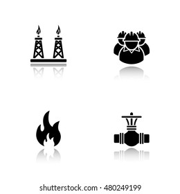 Gas industry drop shadow black icons set. Industrial workers, pipeline valve, flammable sign, gas platform. Isolated vector illustrations