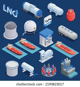 Gas industry equipment isometric set of sea and earth cargo vehicles and elements of terminal for liquefied natural gas isolated vector illustration