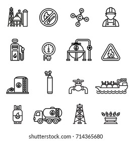 Gas Industry Extraction Production And Transportation Gas Icons Set With Tanker Truck Petroleum Can And Pump. Thin Line Design. Linear Symbols Collection.