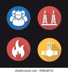 Gas industry flat design long shadow icons set. Industrial workers, pipeline valve, flammable sign, gas platform. Vector silhouette illustration