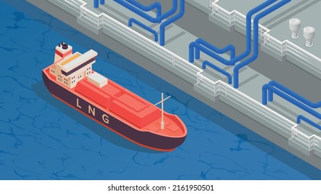 Gas industry isometric background with tanker mooring to berth equipped for unloading lng vector illustration