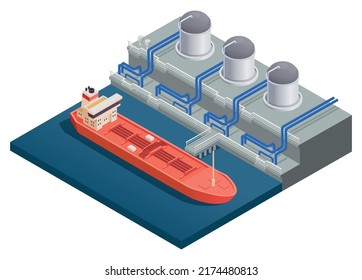 Isoometrische Zusammensetzung der Gasindustrie mit Wassertraeger Bunkern in Flüssig-Erdgas-Terminals, Vektorgrafik