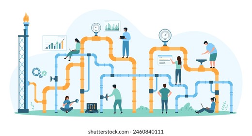 Gas industry pipeline inspection, energy and fuel factory system. Tiny people control safety of pipe and valve, workers of maintenance and repair service check settings cartoon vector illustration