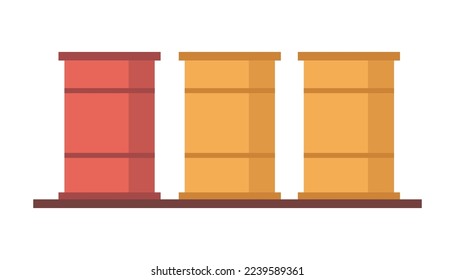 Gas industry, production, and storage of fuel. Isolated row of barrels with oil for export or import selling, petroleum factory business. Vector in flat style