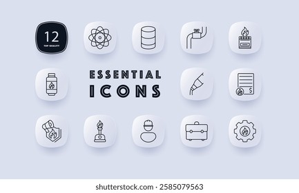 Gas industry set icon. Atomic energy, storage tank, gas pipeline, fire stove, fuel bottle, industrial safety, welding, combustion, gas supply, fire hazard, refinery, gas market, power distribution