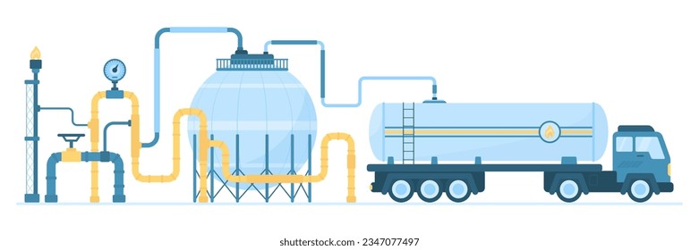 Gas industry, system with storage and transportation of natural liquefied gas vector illustration. Cartoon industrial plant with tank and pipe under pressure, valve and flame on tower, delivery truck