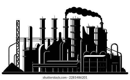 Ilustración de línea negra vectorial de la industria del gas aislada blanca. Dibujo artístico