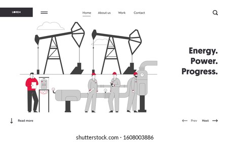 Gas Industry Website Landing Page. Man Engineer Control Pipe, Workers in Uniform and Hardhats Holding Instruments on Production Pipeline Web Page Banner. Cartoon Flat Vector Illustration, Line Art