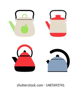 Gas kettles. Flat style teapots. Cookware collection. Metal and plastic samples. Color illustration set. Vector icons. Mockup