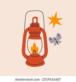 Gas lantern, butterfly, star. Hand drawn modern Vector illustration. Isolated design element. Trekking, travel, tourism, camping, hiking concept. Icon, logo, poster, sticker, print, design template