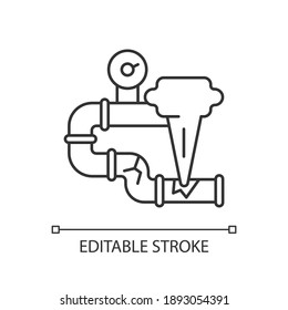 Gas leak linear icon. Damaged gas pipe. Carbon monoxide poisoning. Gas-burning appliance. Thin line customizable illustration. Contour symbol. Vector isolated outline drawing. Editable stroke