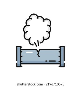 Gas leak in pipeline isolated color outline icon. Vector pressure and leakage in factory piping system, engineering failure, plumbing need to repair