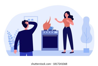 Gas Leaking At Home. People Panicking About Fire On Cooktop Flat Vector Illustration. Fire Safety, Fire Hazard, Emergency Concept For Banner, Website Design Or Landing Web Page